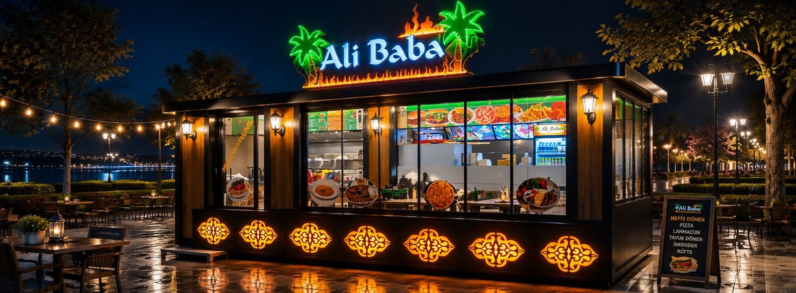 Ali Baba, container restaurant at night