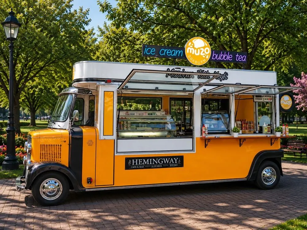 Yellow vintage-style concept truck with a white roof box, lift-up glass serving hatches, a fold-down counter and an illuminated roof sign, parked in a park