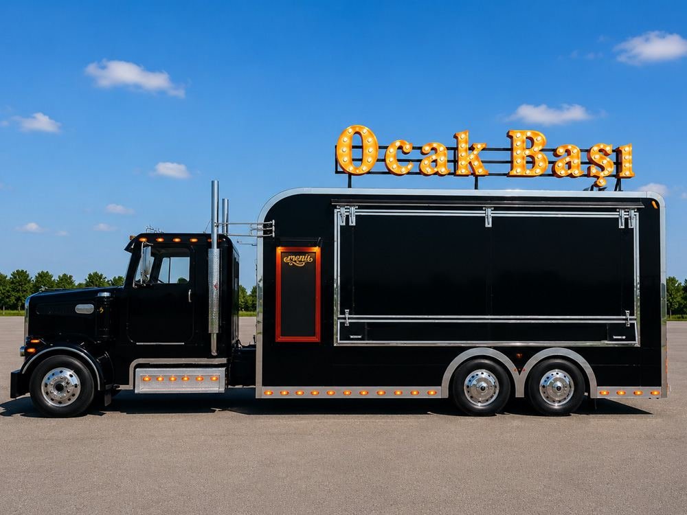Black custom food truck on an American-style tractor unit, with a box body, a large side serving hatch, a menu board and an illuminated Ocak Başı roof sign