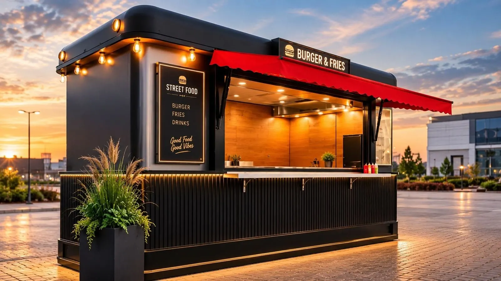 Black kiosk with a red awning and lit wooden interior