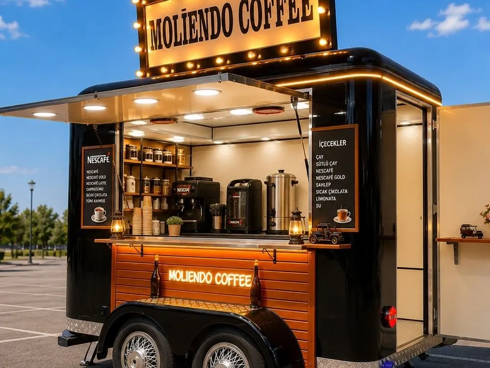 Espresso station and menu boards of a coffee trailer