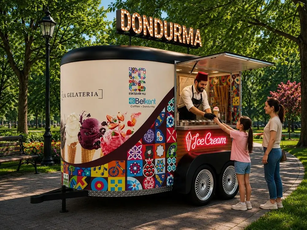 Çift dingilli La Gelateria dondurma karavanında müşteriye servis