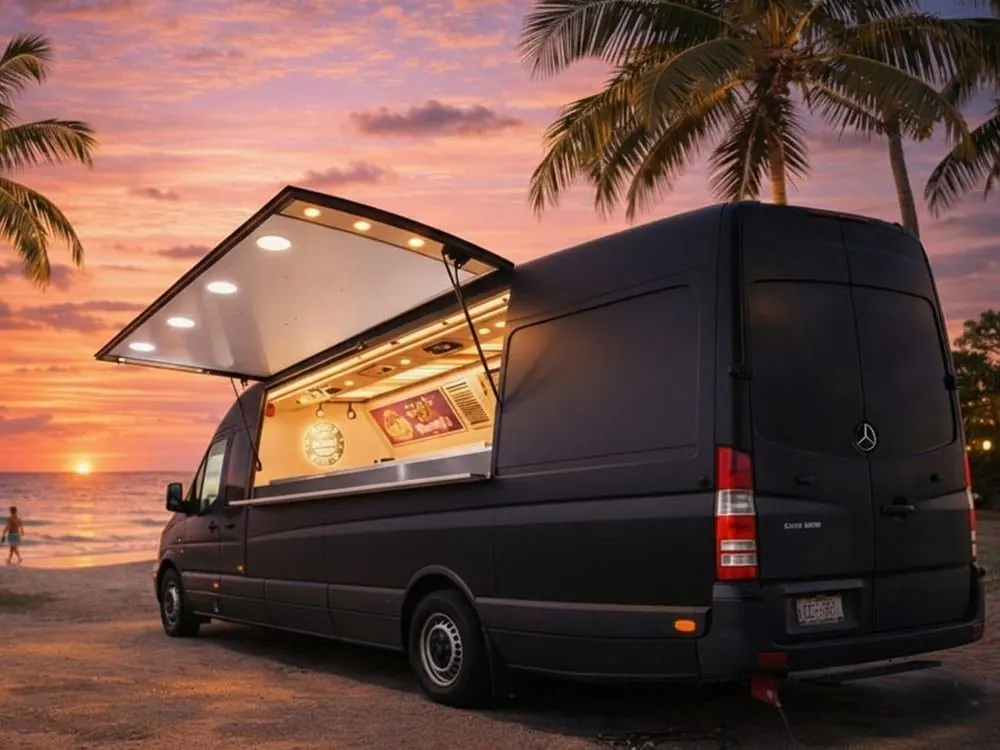 Black panel van food truck with the serving hatch open at sunset