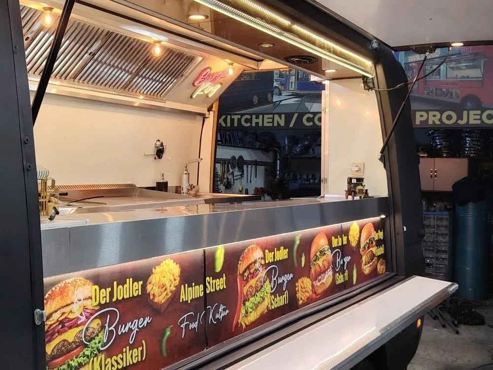 Serving counter with printed brand panel