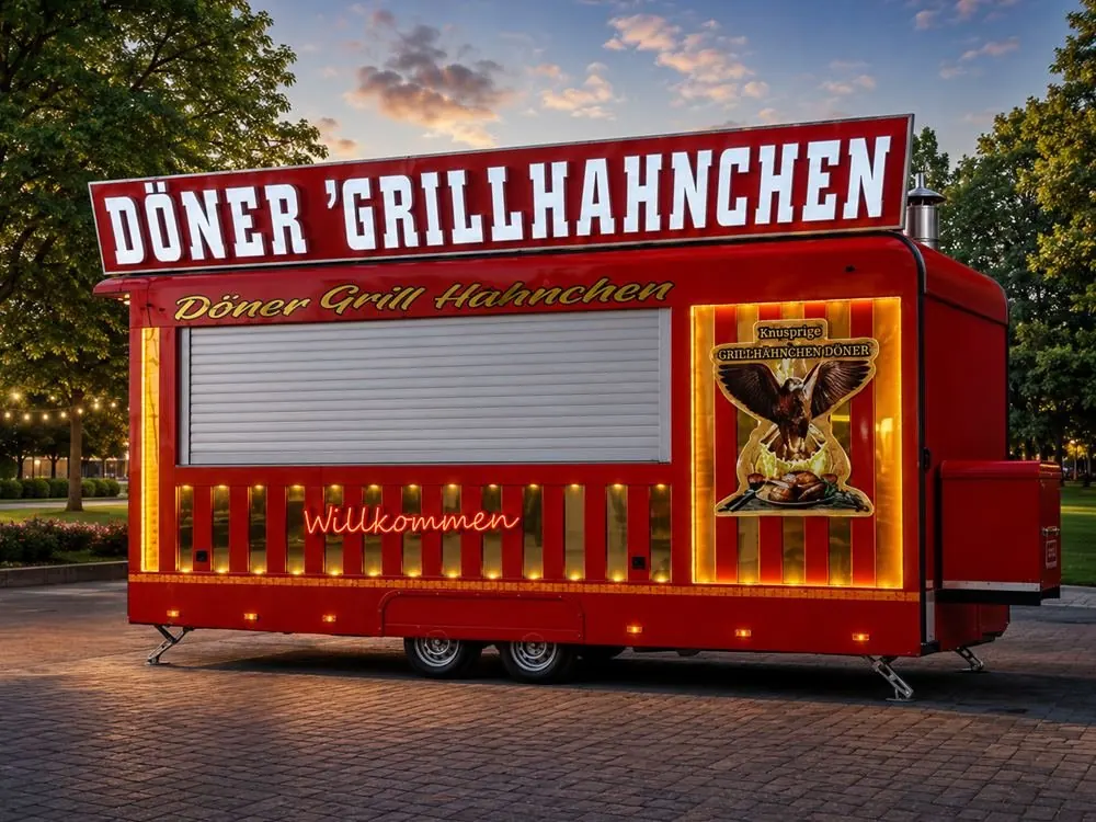 Red and gold Döner Grillhähnchen container at dusk