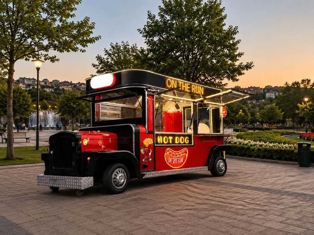 On the Run vintage hot dog truck lit at sunset