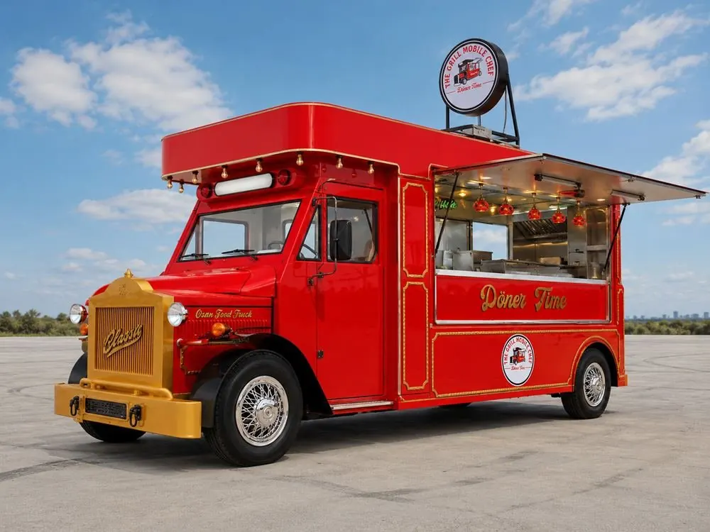 Altın renkli ön panjurlu kırmızı Döner Time nostaljik food truck