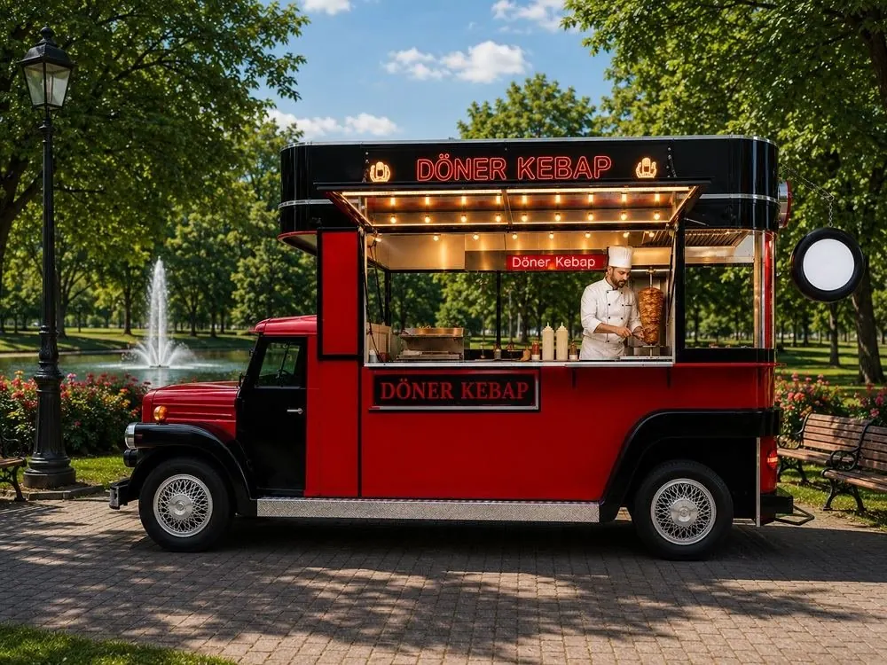 Red Döner Kebap vintage food truck in a park