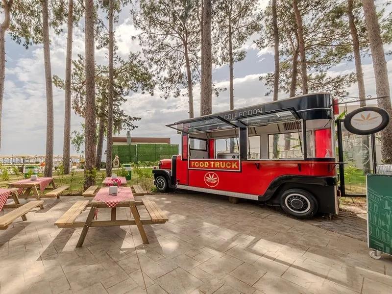 Red vintage food truck in the SIU Collection Hotel food court