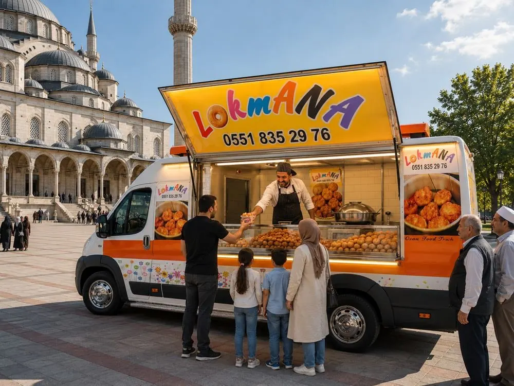Cami önünde servis yapan Lokmana lokma aracı