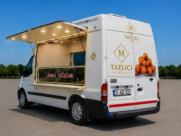 White Tatlıcı Melik lokma van with its serving hatch open