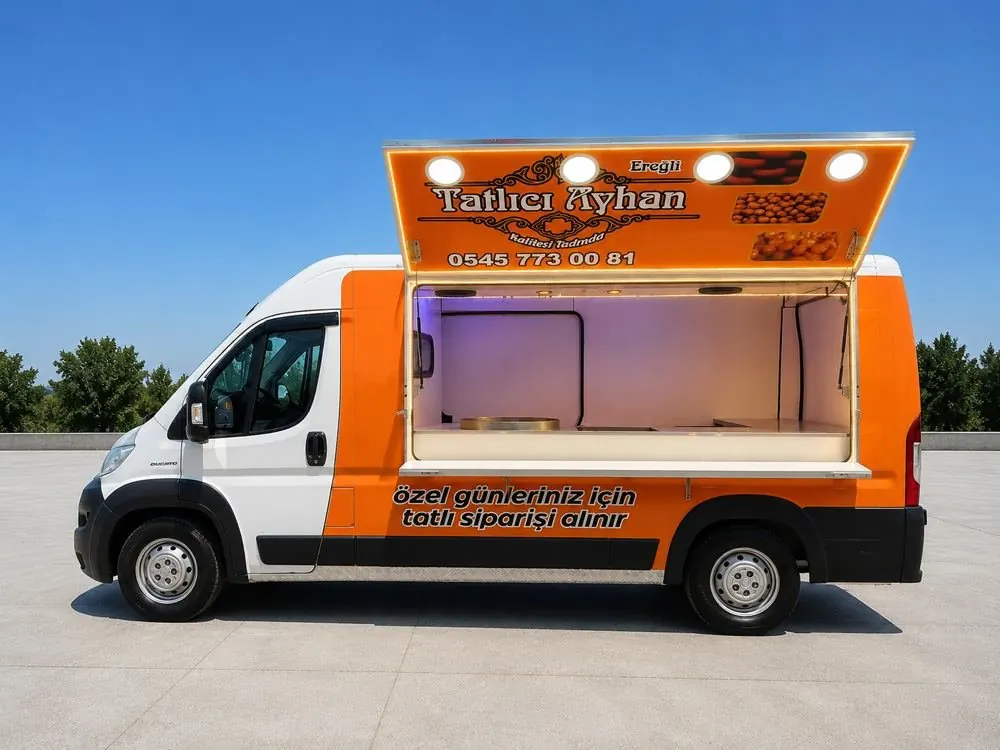 Orange and white Tatlıcı Ayhan lokma van with the hatch open
