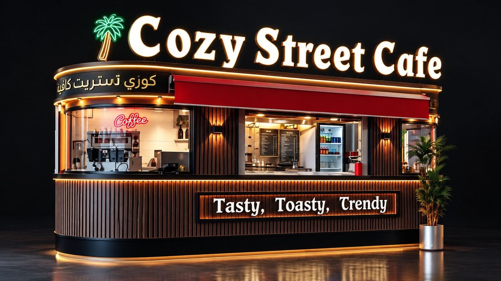 Rounded kiosk-style container restaurant with a curved glazed front, red awning, slatted body with LED trim and an illuminated Cozy Street Cafe roof sign