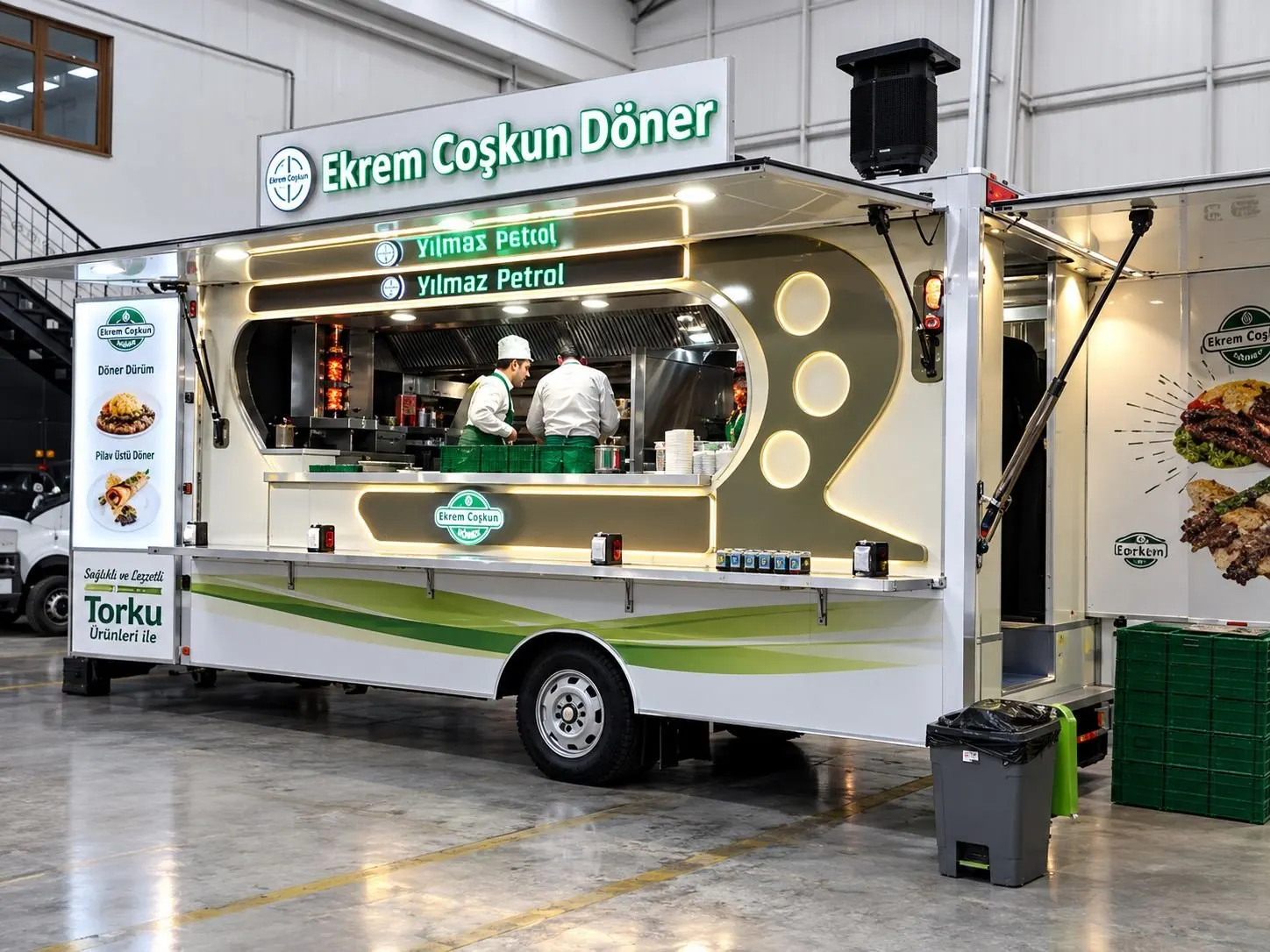 Ekrem Coşkun Döner food truck with the serving side open and the team at work