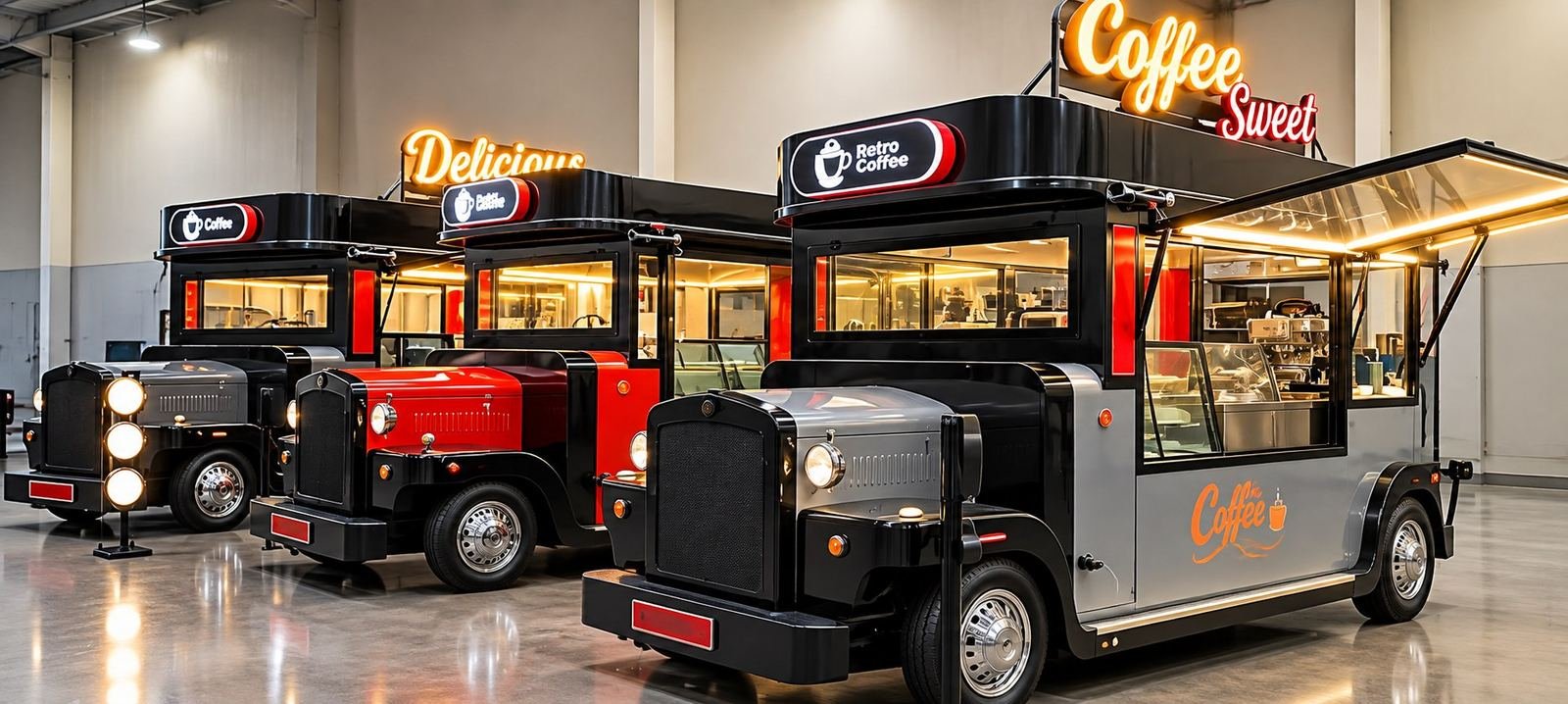 Three vintage mobile cafes in our assembly hall